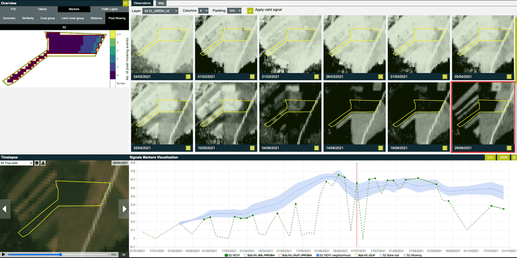 Pixel-level mowing event showing partial field mowing